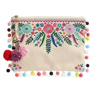 Steven By Steve Madden Jyme Colorful Embroidered Pom Pom Clutch Pouch Natural